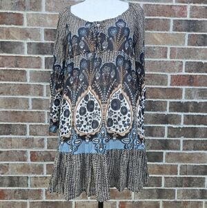 Fire Los Angeles Boho Paisley Tunic Dress S Blue Black Sheer Long Sleeve